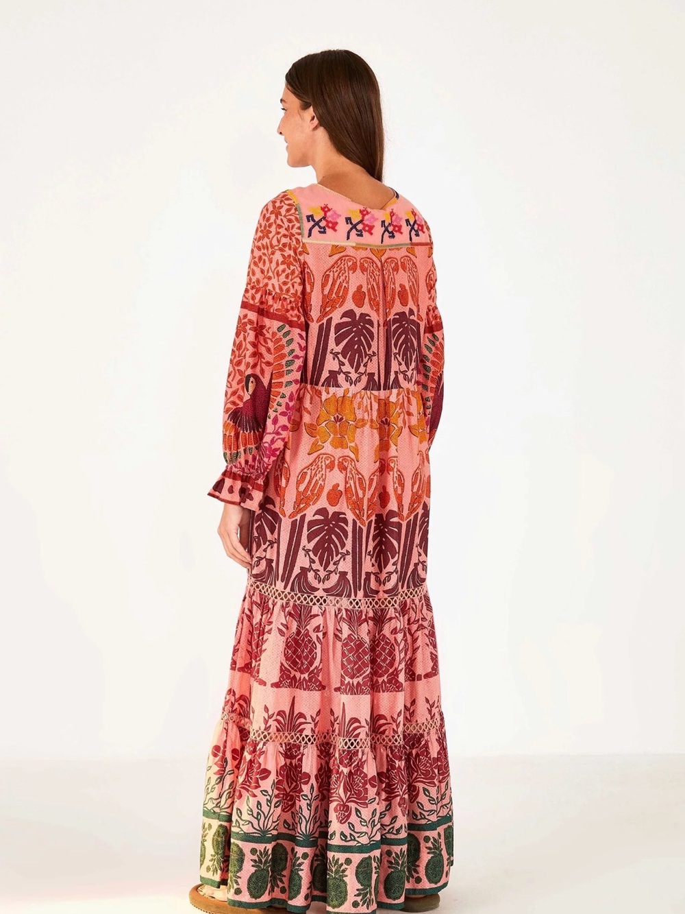 FARM Rio Anika Maxi Dress Pink and Coral Print with Embroidered Neckline - Small - Picture 2 of 7